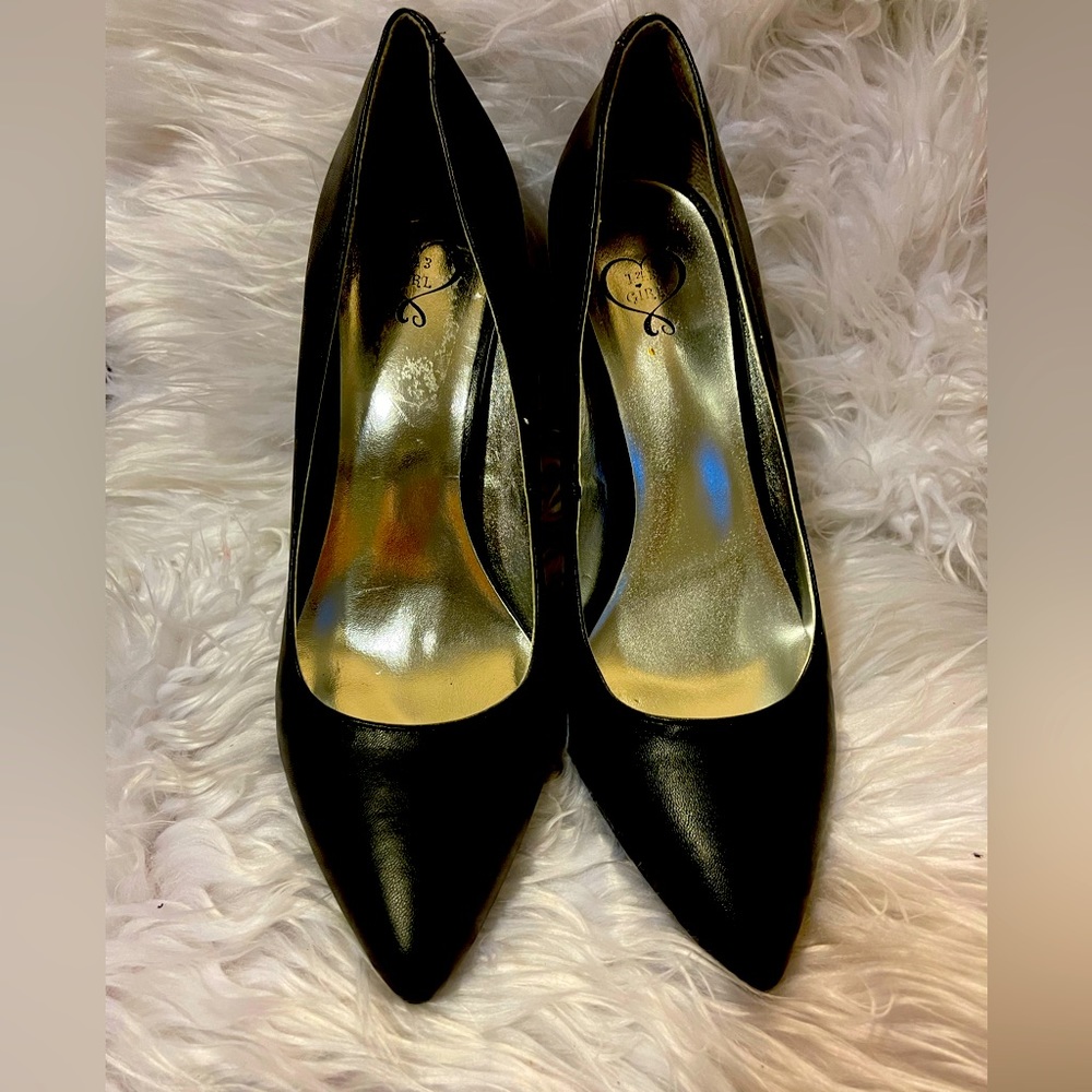 143 Girl black leather stiletto heels